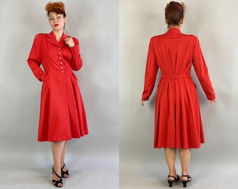 1940s Ravishing in Red Coat | Vintage 40s Candy Apple Wool Gabardine Princess Overcoat with Belted Back and Beautiful Pleating | Medium