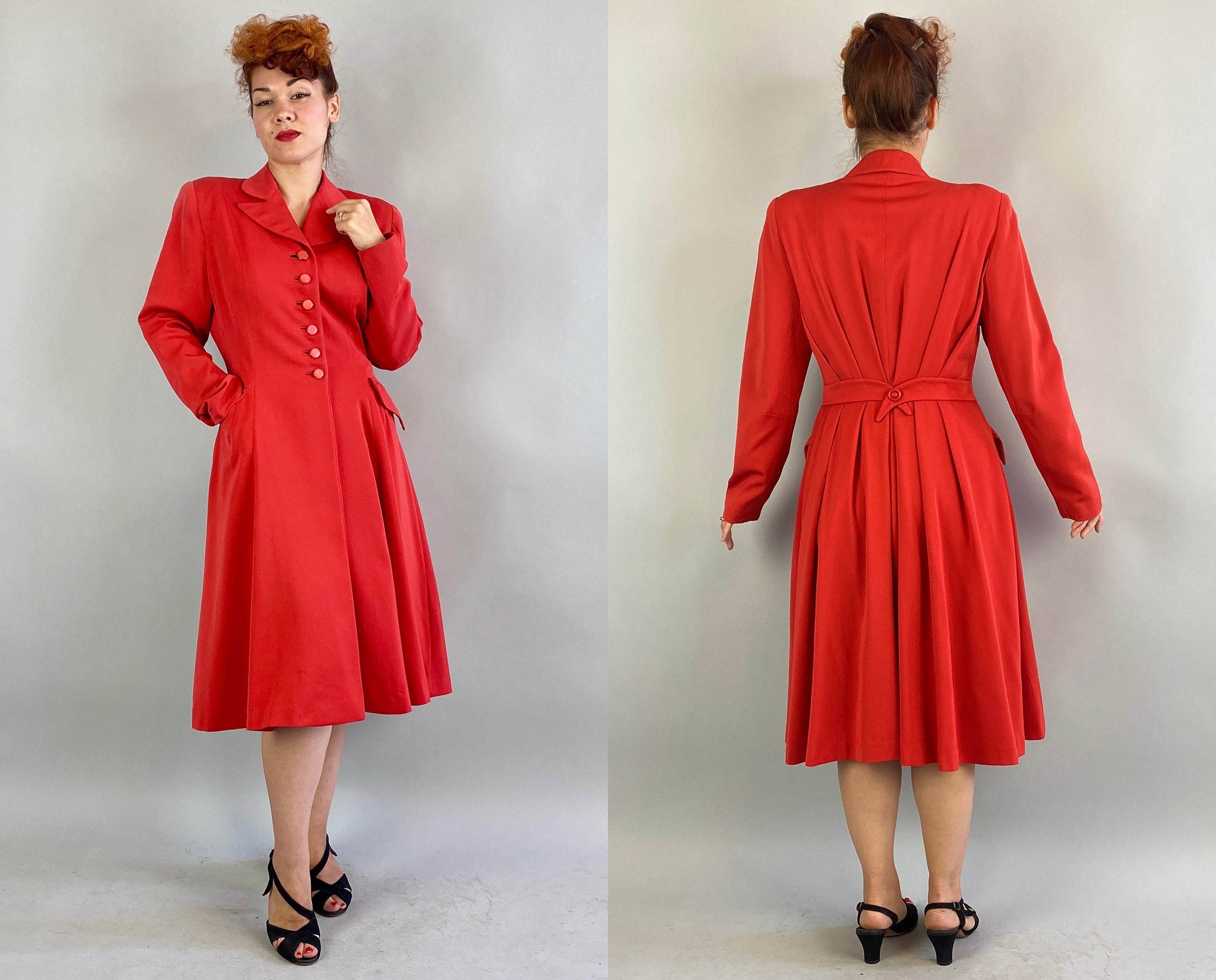 Real Vintage Search Engine 1940S Ravishing in Red Coat  Vintage 40S Candy Apple Wool Gabardine Princess Overcoat With Belted Back  Beautiful Pleating Medium $575.00 AT vintagedancer.com
