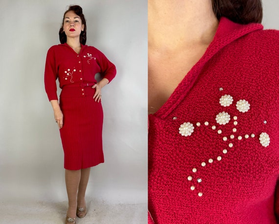 1950s Raspberry Rhonda Knit Dress | Vintage 50s Red Boucle Wool Knit Frock with Pearl and Rhinestones & Belt | Medium Large Extra Large XL