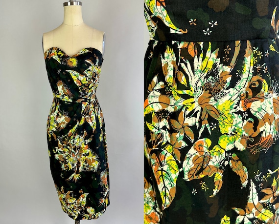 1940s Tantalizing Tiki Dress | Vintage 40s Black Floral Yellow Green Orange Brown Tropical Strapless Hawaiian Sarong Frock | Extra Small XS