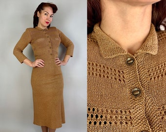 1940s Lurex Love Knit Dress | Vintage 40s Gold Shimmer Wool Knit Shirtwaist Frock w/Open Stitch Striping and Padded Shoulders | Small Medium