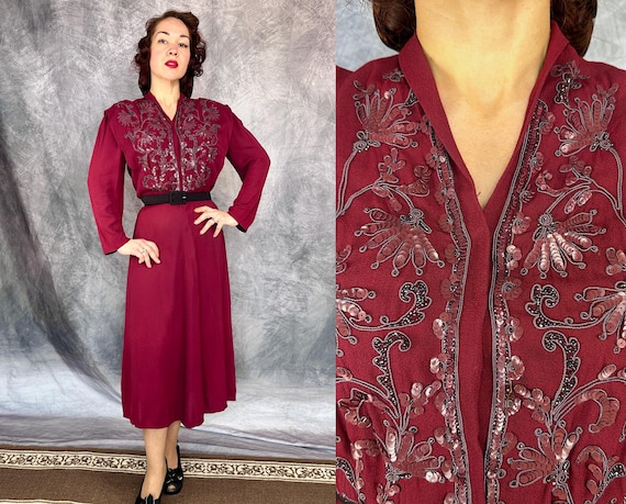 1940s Madame Merlot Dress | Vintage 40s Red Wine Rayon Crepe Frock w/Beads Soutache Sequins Vines Motif and Angular Pleat Accents | Medium
