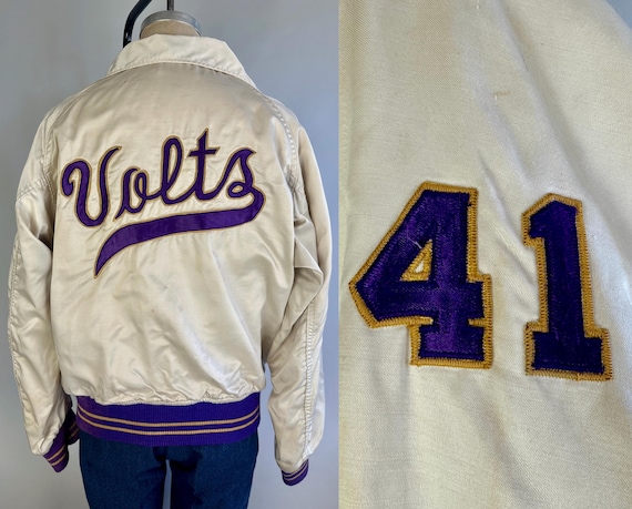 1940s High Voltage Letterman Jacket | Vintage 40s White Cotton Sateen Button Up Coat w/Purple & Yellow Dated 1941! | Large Extra Large XL