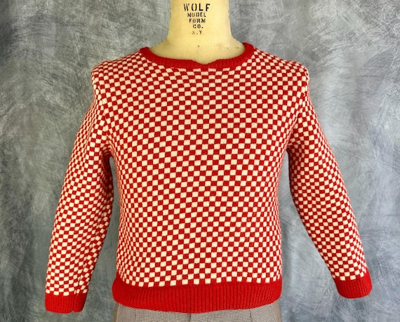 1940s Cherry Checkers Wool Sweater | Vintage 40s Red and White Checkered Knit Pullover with Notched Collar | Small Medium