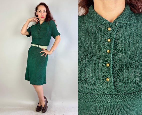 1940s Green Goddess Knit Dress | Vintage 40s Pine Wool Knitwear Frock with Gold Buttons Pleated Yoke and Mint Belt | Small Medium Large