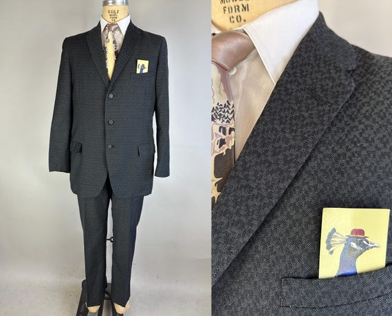 1950s Puzzle Solver Suit | Vintage 50s Gunmetal Grey Silver Tetris Shapes Pieces Pattern Two-Piece Jacket and Pants Set | Size 42 Large
