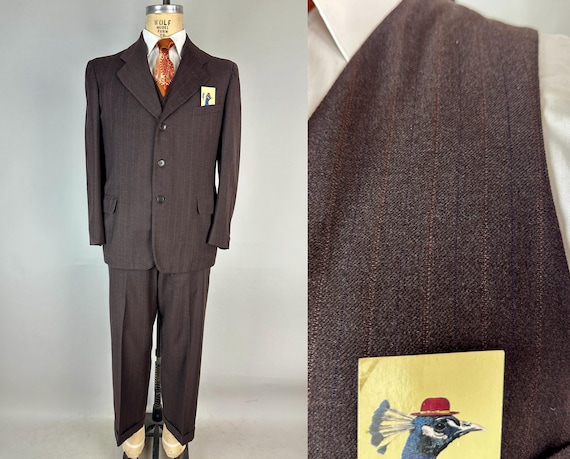 1930s Autumnal Tones Suit | Vintage 30s Mahogany Brown Three-Piece Set with Orange Pinstripes Jacket Vest and Trousers | Size 42 Large