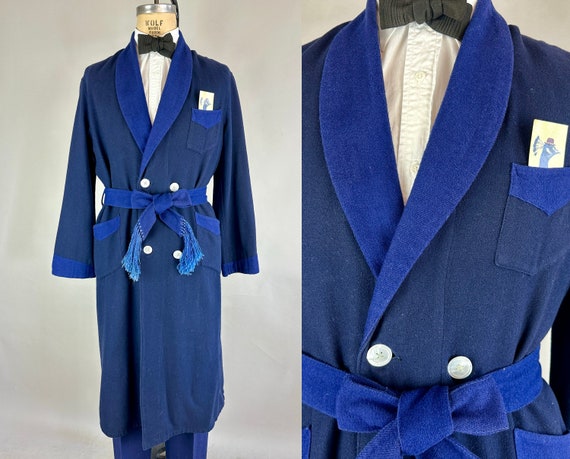 1930s Rustic Yet Regal Robe | Vintage 30s Navy and Midnight Blue Two-Tone Wool Lounge Jacket w/Double Breasted White Shell Buttons | Large