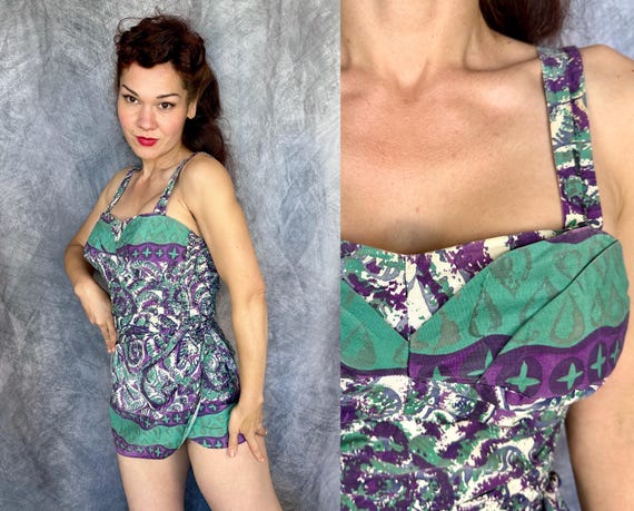 1950s Seafoam Swirls Swimsuit | Vintage 50s Hawaiian Tiki Playsuit Romper w Green Purple and White Abstract Print | Extra Small XS Small