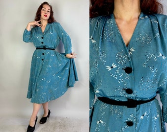 1940s Seeds in the Wind Dress | Vintage 40s Blue White and Black Floral Silk Button Up Frock with Full Skirt & Velvet Belt | Extra Large XL