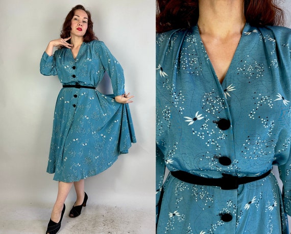 1940s Seeds in the Wind Dress | Vintage 40s Blue White and Black Floral Silk Button Up Frock with Full Skirt & Velvet Belt | Extra Large XL