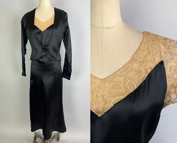 1920s Silk Caress Dress Set | Antique Vintage 20s Black and Ecru Lace Deco Flapper Frock with Matching Jacket Two Piece Ensemble | Small XS