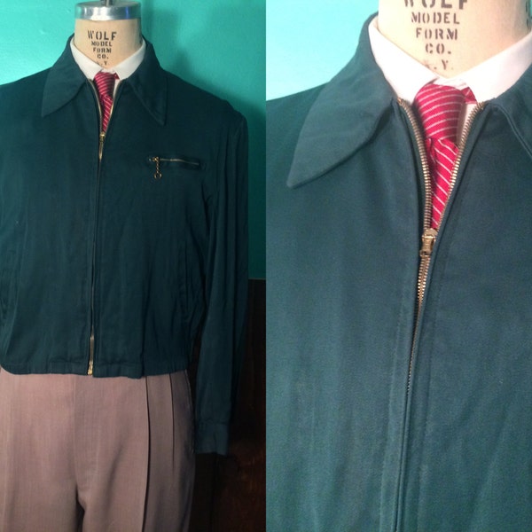 Vintage 1940s Men's Jacket | Rich Forest Green Gabardine Jacket with Spring Loaded Zipper | Large