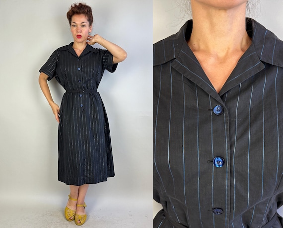 1950s Sparkling Stripes Frock | Vintage 50s Black with Metallic Blue Stripe Cotton Shirtwaist Dress w/Pointed Flap Collar | Extra Large XL