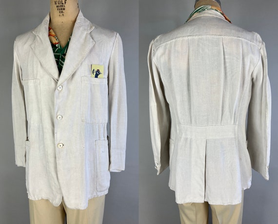 1930s Bermuda Triangle Tropical Blazer | Vintage 30s White Linen Belted & Pleated Back Summer Gatsby Sportcoat Jacket | Size 40 Medium