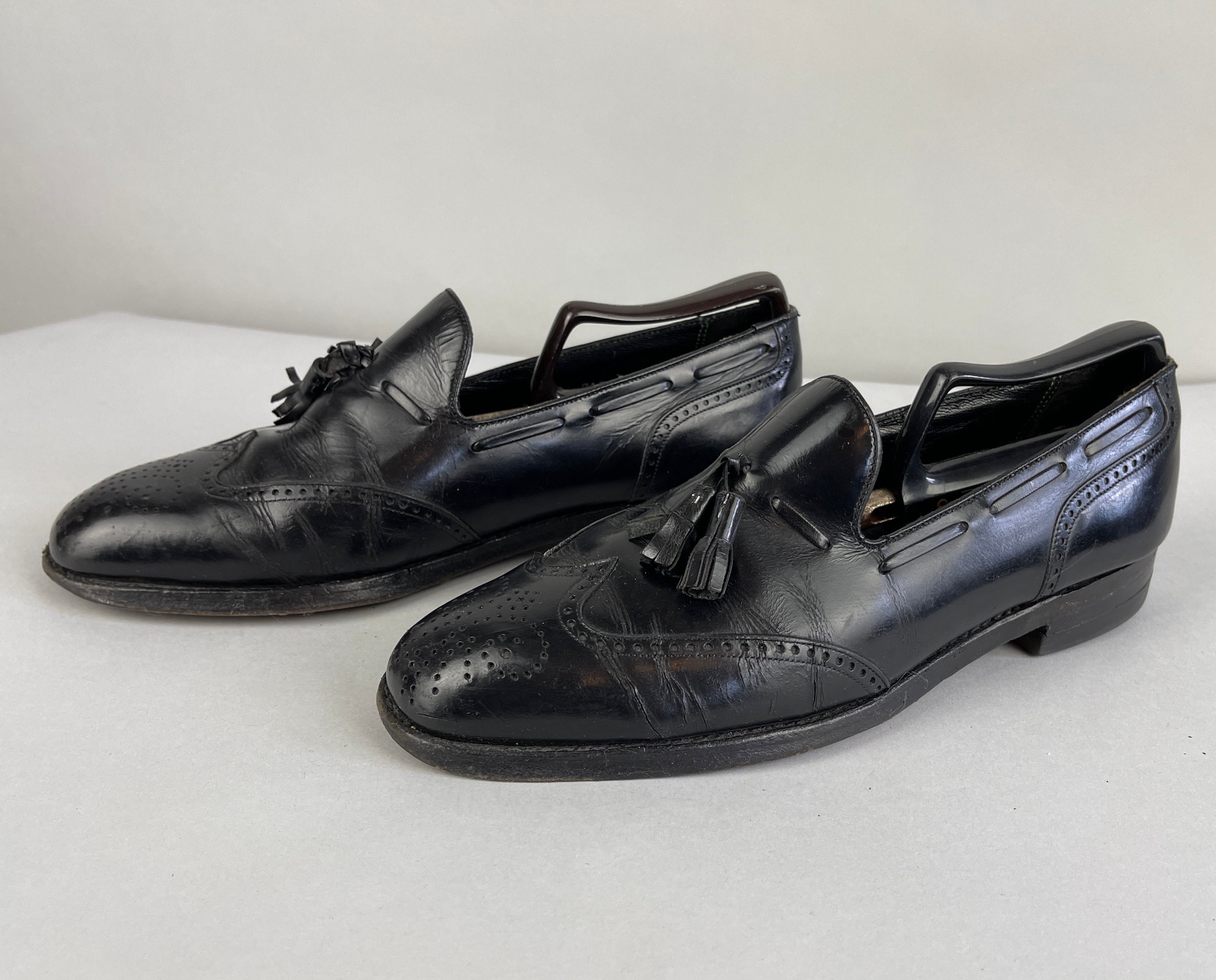 1950s Fancy Florsheim Loafers | Vintage 50s Black Wingtip Leather