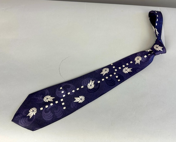 1940s Deep Sea Dance Necktie | Vintage 40s Navy Blue Silk Self Tie Cravat with White Stylized Jellyfish and Square Dash Lines