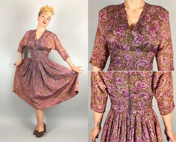 1940s Novelty Dress | Vintage 40s Magenta Orchid P