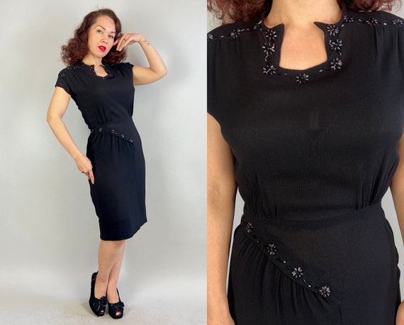 1940s Blossoming Beads Frock | Vintage 40s Black Rayon Crepe Cocktail Dress with Beaded Flowers Cap Sleeves and Gathered Hip Accent | Medium