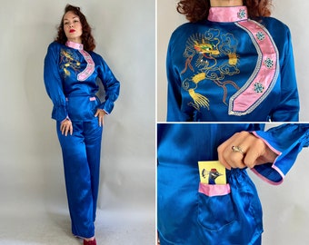 1940s Dreamtime Dragon Pajamas | Vintage 40s Sapphire Blue and Pink Rayon Lounge Set w/Gold Metallic Embroidery Top & Pants | Medium Large