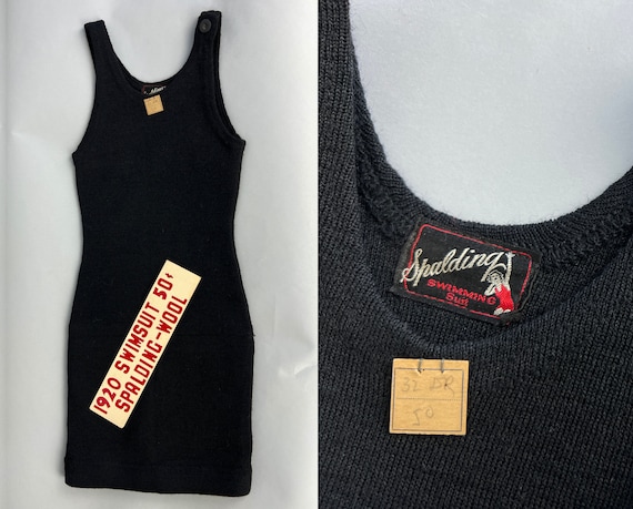 1920s Spalding Splash Swimsuit! | Vintage 20s Deadstock Children's Wool Bathing Suit Swimwear in Black with Original Tags & Ad Sign! NWT NOS