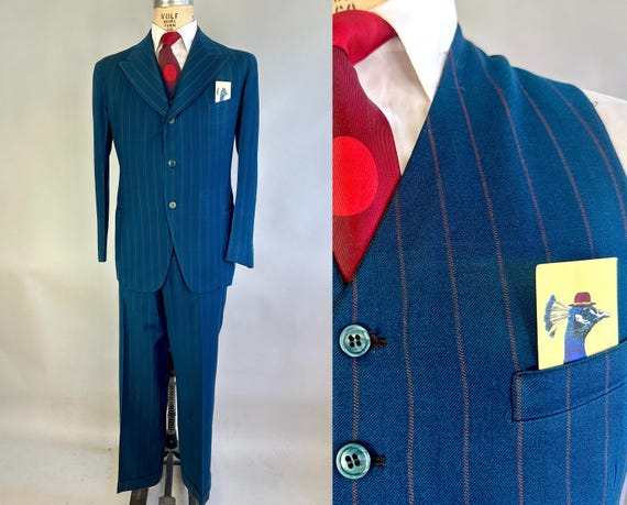 1940s Business Blues Three-Piece Peak Lapel Suit | Vintage 40s Teal with Rust Stripes Wool Jacket Vest Pants Set Dated 1944! | Size 42 Large
