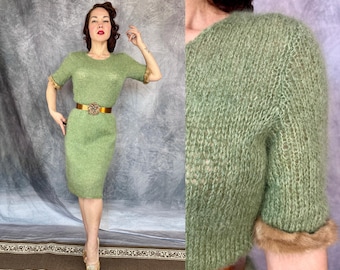 1950s Soft Sage Sweetie Knit Dress | Loose Weave Wool Knitwear Frock with Furry Trim Sleeves | Small Medium Large Extra Large XL