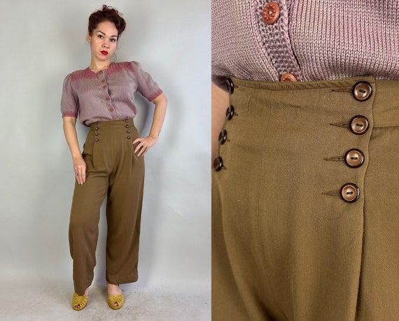 1930s Darling Dietrich Trousers | Vintage 30s Cedar Wool Gabardine Slacks with High Sailor Flap Double Button Waist and Wide Hems | Small