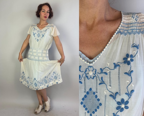 1920s Pastoral Perfection Frock | Vintage 20s White Cotton Voile Hungarian Peasant Dress with Blue Smocking & Embroidery | Medium Large