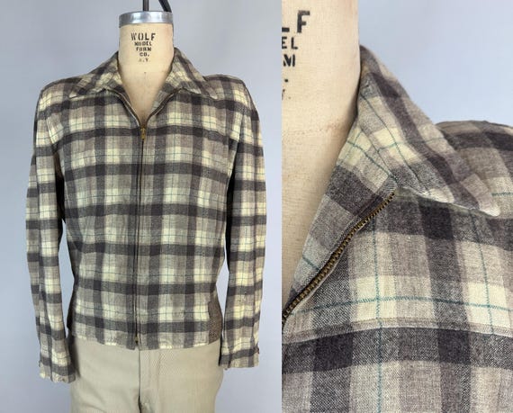 1940s Prepped in Plaid Jacket | Vintage 40s Ivory Green and Brown "Pendleton" Wool Ricky Coat with Knit Waistband & Action Pleats | Large/XL