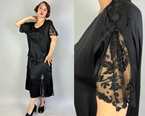 1920s Silky Slip On Sasha Frock | Vintage Antique 20s Black Silk and Lace Insets Dress LBD with Baubles and Embroidery | Extra Large XL