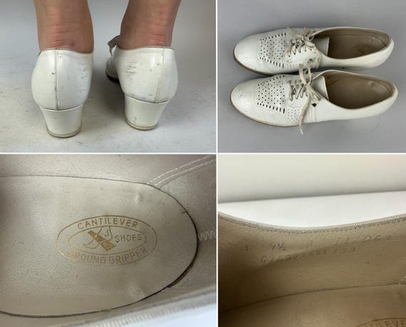 1930s Garden Party Oxfords | Vintage 30s White Leather Comfortable