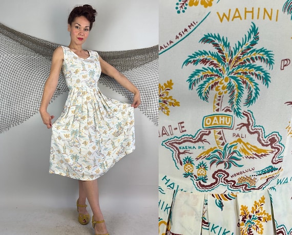 1940s Gotta Getaway Frock | Vintage 40s White Yellow Teal & Brown Rayon Hawaiian Islands Novelty Print Vacation Souvenir Dress | Small XS
