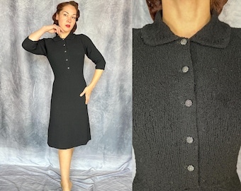 1940s Dark Darling Knit Dress | Vintage 40s Black Boucle Wool Knitwear LBD with Silver Glass Marcasite Buttons | Small Medium Large