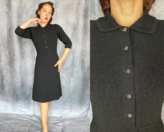 1940s Dark Darling Knit Dress | Vintage 40s Black Boucle Wool Knitwear LBD with Silver Glass Marcasite Buttons | Small Medium Large