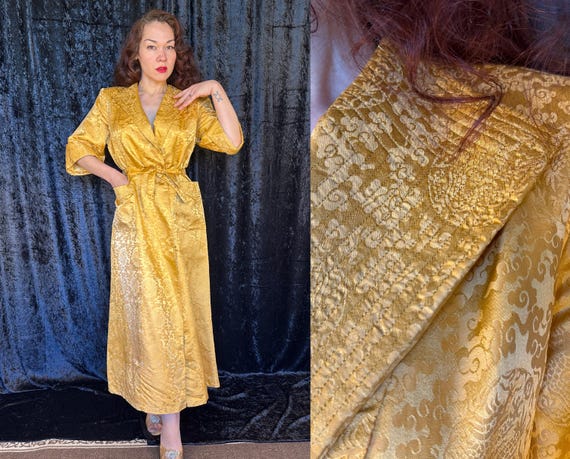 1940s Golden Gal Dressing Gown | Vintage 40s Yellow Silk Jacquard Lounging Robe House Coat with Chinese Dragons | Large Extra Large XL