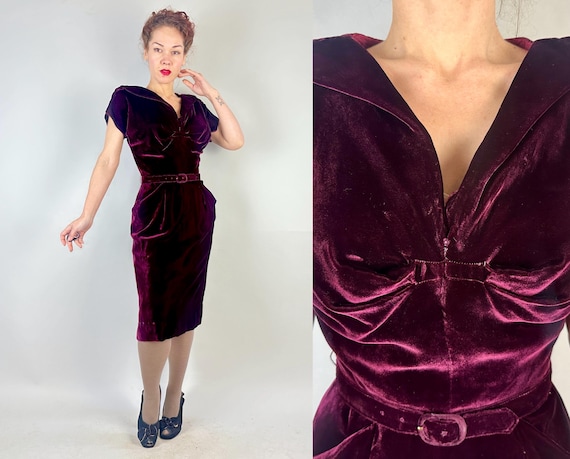 1940s Vineyard Valentine Dress | Vintage 40s Two Piece Merlot Red Rayon Velvet Frock with Shaping Pleats and Pockets & Matching Belt | Small