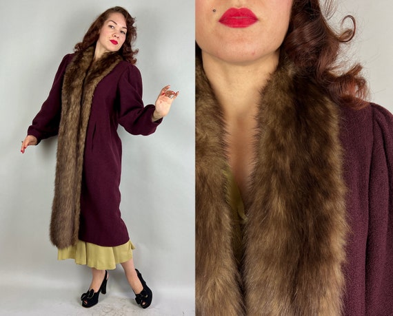 1940s Giddy Glamour Girl Coat | Vintage 40s Plum Purple Boucle Wool Overcoat with Fox Fur Full Length Trim & Balloon Sleeves | Medium Large