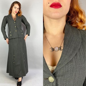 1910s Suffragette Walking Suit | Vintage Antique Edwardian Teens Sage Green Elaborate Weave Wool Mutton Sleeve Jacket Blazer & Skirt | Small