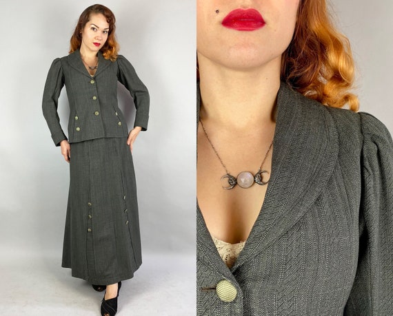 1910s Suffragette Walking Suit | Vintage Antique Edwardian Teens Sage Green Elaborate Weave Wool Mutton Sleeve Jacket Blazer & Skirt | Small