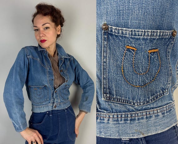 1950s Too Cute Tex'n Denim Jacket | Vintage 50s Faded Indigo Blue Dungaree Jean Crop Coat Top with Horseshoe Embroidered Pockets | Small XS