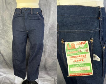 1950s River Romping Jeans | Vintage 50s Deadstock Indigo Blue Crisp Denim Cotton Dungarees with Creamsicle Orange Top Stitching  | Small XS