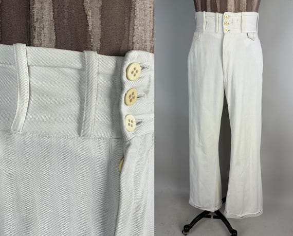 1930s Co-Eds Coming Out Trousers | Vintage 30s White Cotton Twill 3 Button Wide Band Collegiate Waist Oxford Bags Pants Slacks | Small