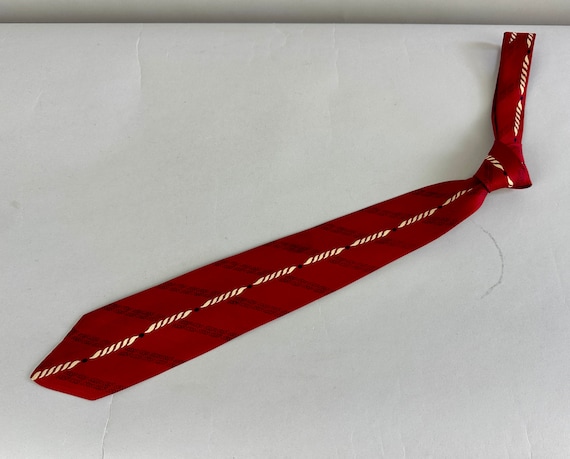 1950s Peppermint Twist Necktie | Vintage 50s Red Silk Self Tie Cravat with White Spirals and Black Speckles by "Harpurs"