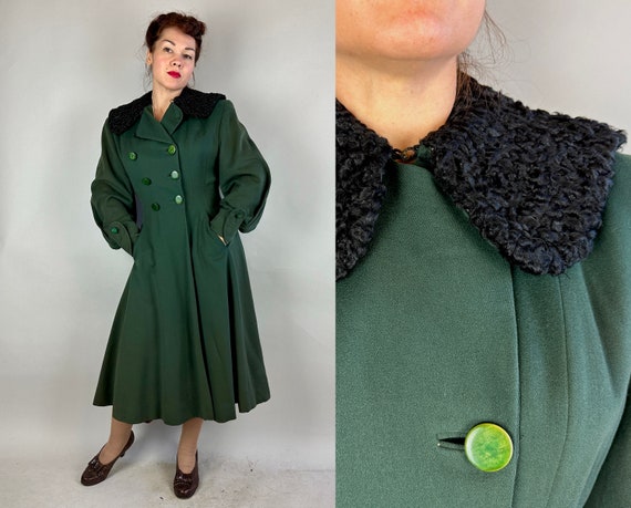 1940s Princess of the Pines Coat  | Vintage 40s Dark Green Wool & Black Curly Lamb Double Breasted Full Skirt Overcoat | Small Medium