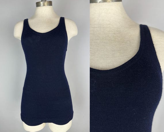 1920s Sleek Chic Swimsuit | Vintage 20s Black Wool Knit One Piece Bathing Suit with Low Back Swimwear by Spalding | Small Extra Small XS
