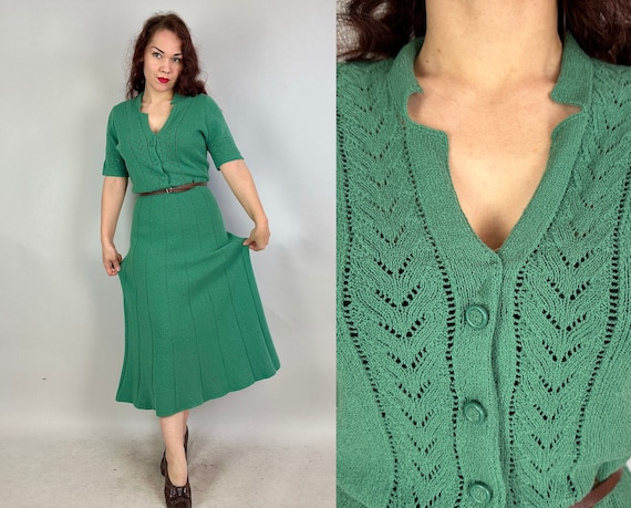 1940s Fabulous Fashionista Knit Dress | Vintage 40s Spearmint Green Boucle Wool Knit Frock with Branching Lace Leaf Stitches | Medium Large