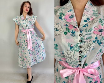 1940s Easter Parade Dress | Vintage 40s White with Pink and Green Floral Print Day Frock with Rhinestone Buttons | Extra Large XL