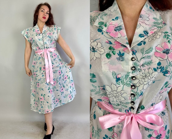 1940s Easter Parade Dress | Vintage 40s White with Pink and Green Floral Print Day Frock with Rhinestone Buttons | Extra Large XL