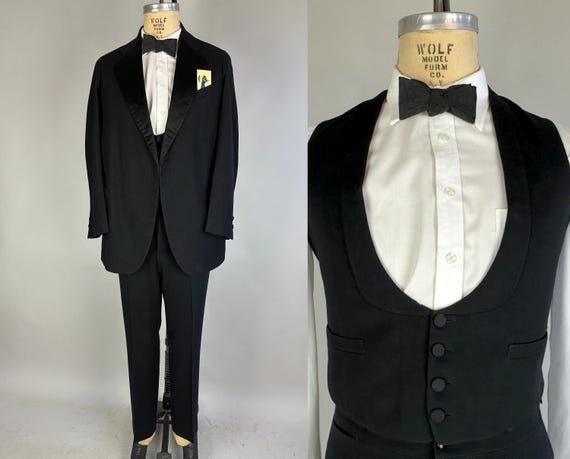 1900s The Continental Tuxedo | Antique Vintage Edwardian Black Wool Three-Piece Formal Tux Suit w/ Silk Lapels Dated 1901! | Size 40 Medium